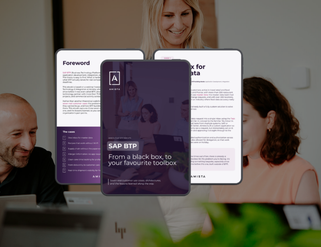 Three people smiling and looking at laptops with digital pages about SAP BTP displayed above them.