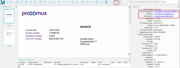 Alt-text: Screenshot of a Proximus invoice document with customer and invoice details displayed.