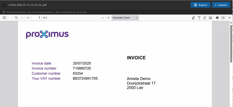Proximus invoice dated 20/07/2025 with invoice and customer numbers, addressed to Amista Demo in Lier.