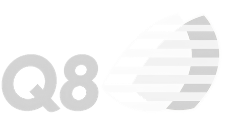 Logo featuring the text "Q8" in gray next to a stylized leaf-like shape with horizontal stripes.