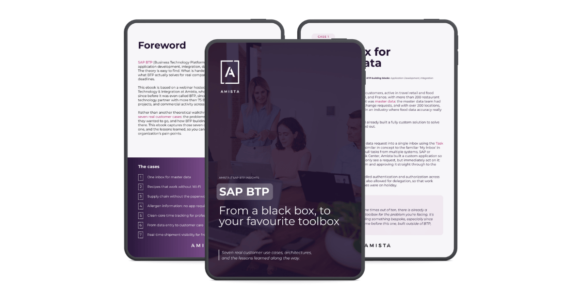 Ebook cover and pages displaying insights on SAP BTP with cases and applications for data management.