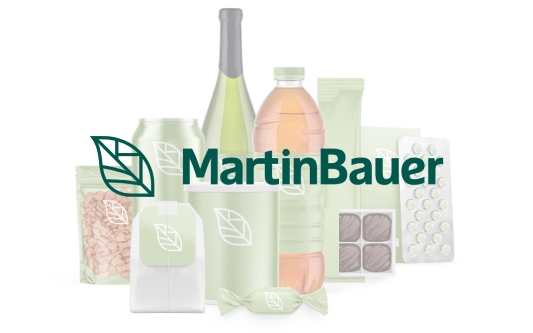 Various green packaged products, including drinks and snacks, displayed with the "Martin Bauer" logo prominently.