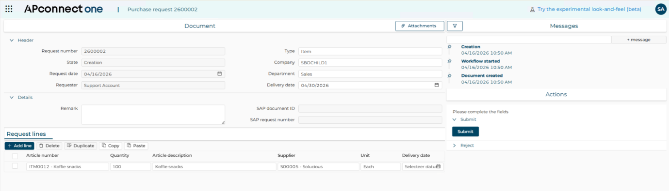 Purchase request form displaying various fields such as request number, item details, and delivery dates.