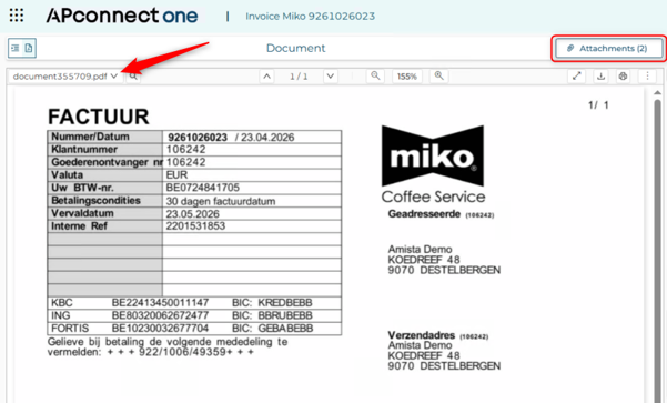 Invoice featuring details such as client number, service provider, and payment information.